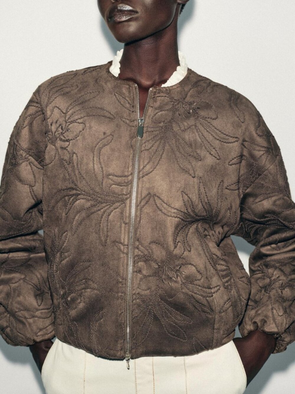 ZARA Brown Embroidered Faux Suede Zip Jacket | Size XS